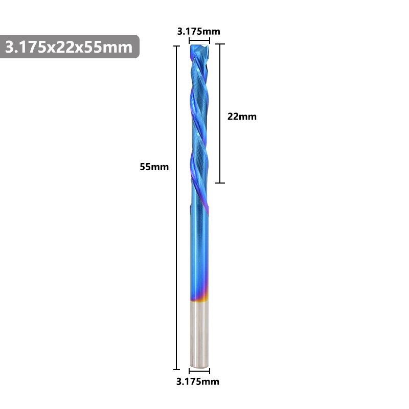 Up Down Cutter 2 Flute End Mill Nano Blue Coating 3.175mm Shank Spiral Router Bit For Compression Tool Tungsten Carbide Cutter: 3.175x22x55