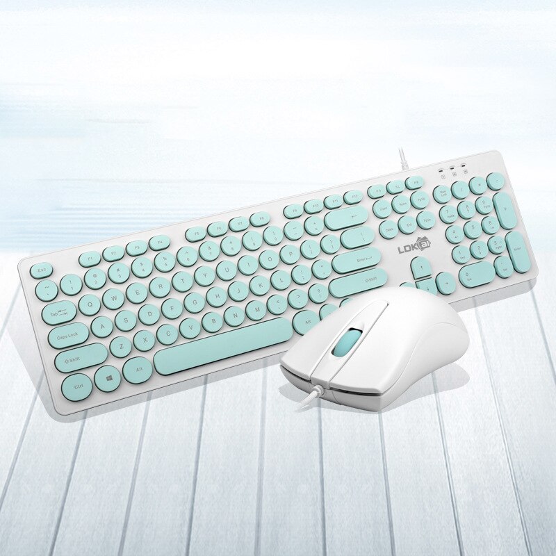 Punk Retro Keyboard And Mouse Set Punk Keyboard Round Keycaps USB Wired Office Trend keys Keyboard And Mouse Kit: blue
