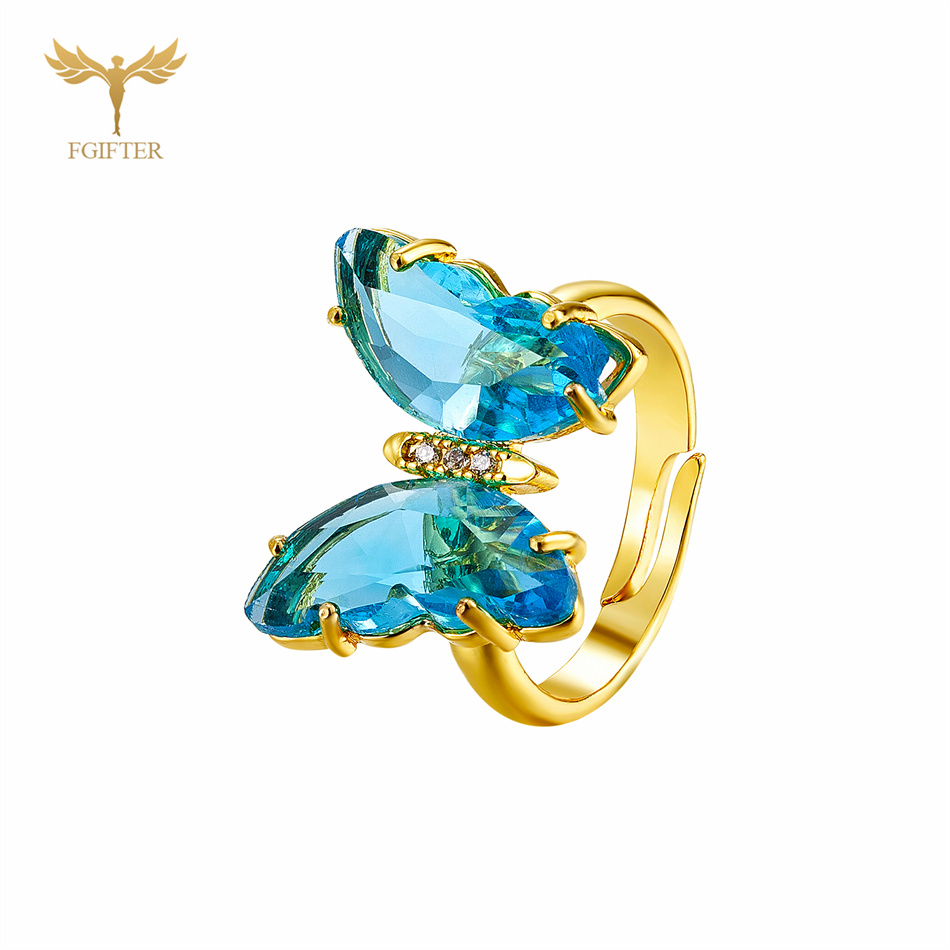 Anillos de mariposa de circón en 18 colores para mujeres y niñas, accesorios de joyería para dedo de mano de cobre de Color dorado de lujo, de tamaño ajustable: Caqui