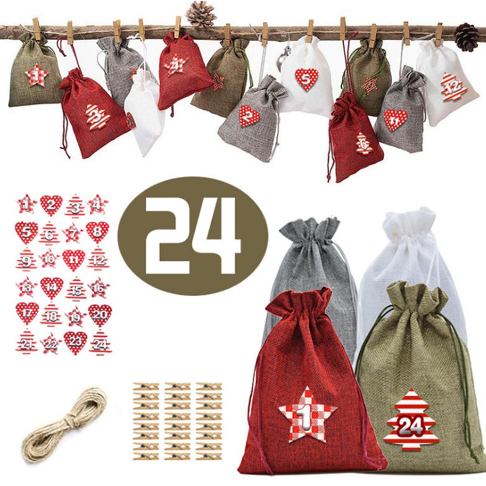 24pcs Christmas Advent Calendar Bags Burlap Drawstring Advent Calendar Bags With Clips Rope Year Christmas Decor