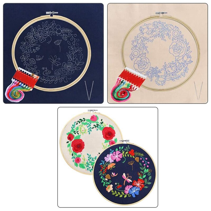 2 Sets Full Range of Embroidery Starter Kit Including Embroidery Clothes with Pattern Hoops, Color Threads and Tools