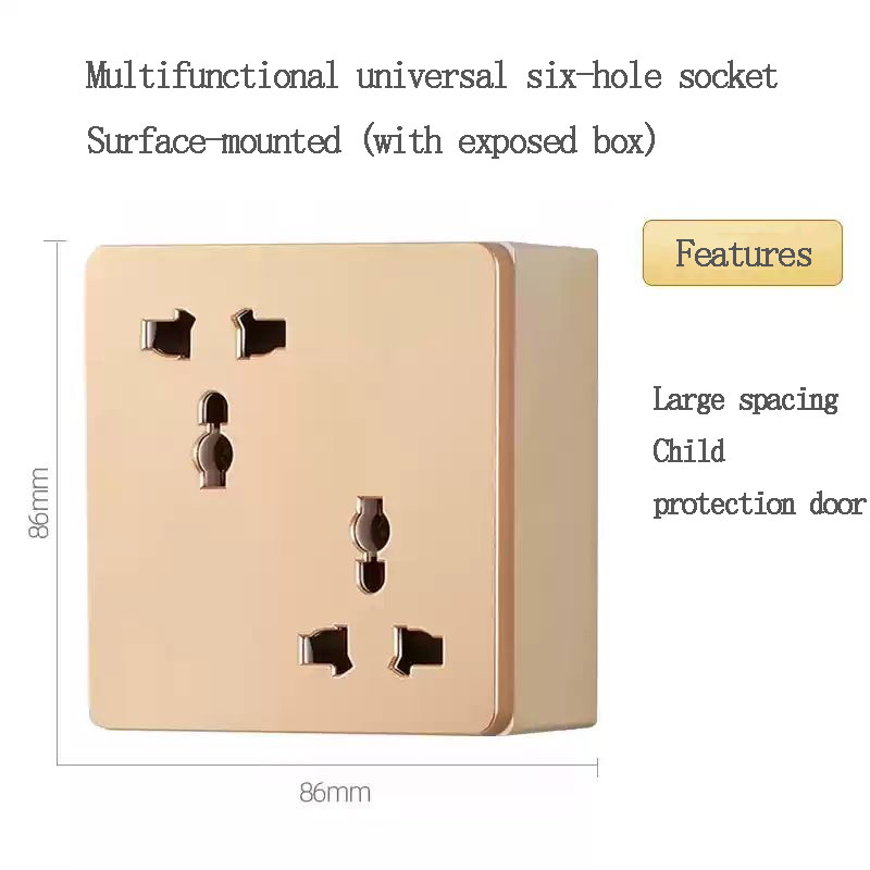 Gniazdo ścienne uniwersalne, typ 86, rozstawne, skośne, 6 gniazd, natynkowe, podwójne, 3-pinowe, brytyjskie, UK, 13A, płyta gniazdka zasilania, 4 kolory: Typ 12