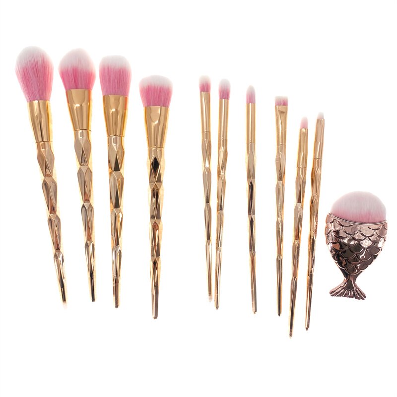 11pcs Diamond Fish Makeup Brush Set Foundation Blending Power Eyeshadow Contour Concealer Blush Cosmetic Beauty Make Up