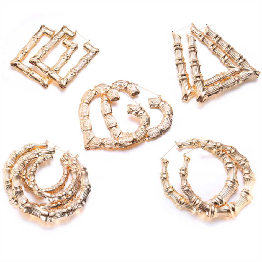 Brincos de bambu dourado para mulher kolczyki damskie piercing aros grande argola moda feminina jóias triângulo quadrado coração