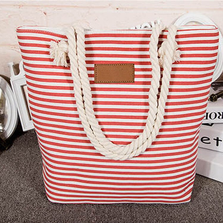 Frauen Streifen Leinwand Strand Tasche Große Kapazität Weibliche Zipper Schulter Tasche Damen Polyester Totes Mädchen Casual Shopping Handtasche: Rot