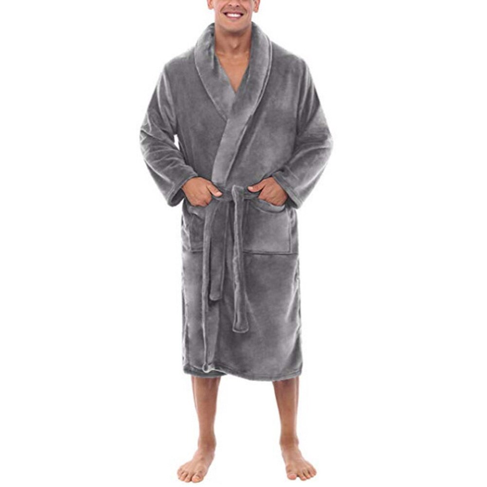 Men Shawl Collar Fleece Solid Color Long Bath Robe Home Gown Sleepwear