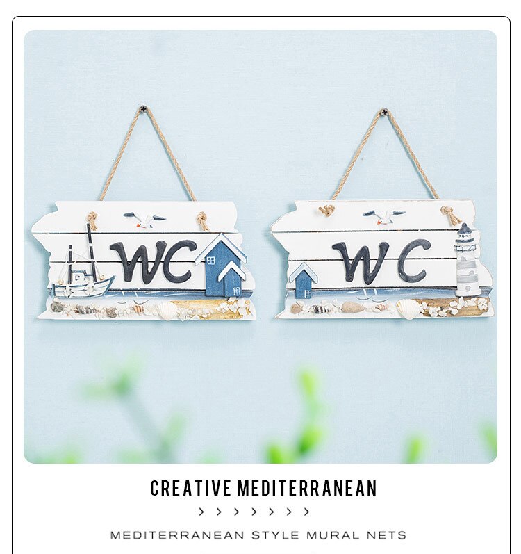 Ocean Style WC Hanging Sign Board Plate Mediterranean Wooden Toilet Door Decoration Bar Coffee Shop Home Decoration