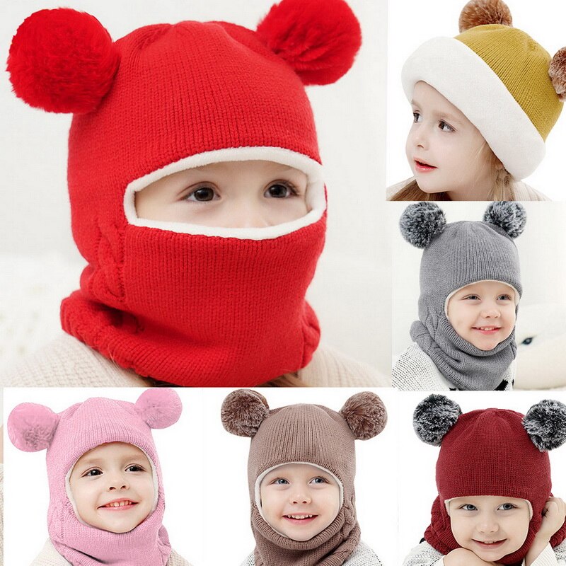 Autumn Winter Children Hats Pom Pom Ball Hat Kids Beanies Cap Girls Boys Warm Wool Hooded Hat Baby Scarves Toddler Caps