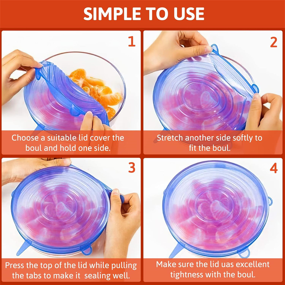 Cubierta de conservación de silicona de grado alimenticio, tapas redondas elásticas universales para platos, reutilizables, herméticas, para accesorios de cocina, 6 uds.