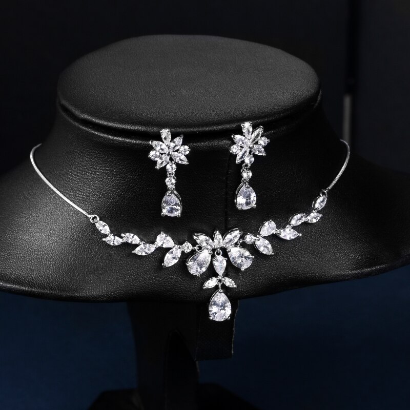 Weimanjingdian floral zircônia cúbica cz zircão colar de cristal e brinco da dama de honra conjunto de jóias em ródio cor prata