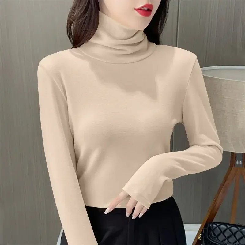 Roupa interior térmica feminina inverno engrossar gola alta camisa inferior de veludo quente topos semi gola alta pulôveres de manga longa