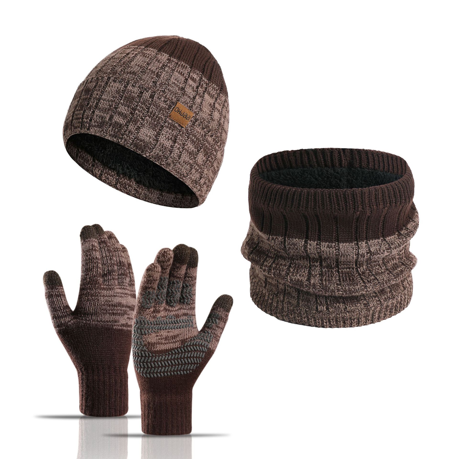 3pcs/set Winter Autumn Knitted Scarf Hat Glove Sets Warm Windproof Thickened Soft Touch Screen Gloves Suit: Khaki