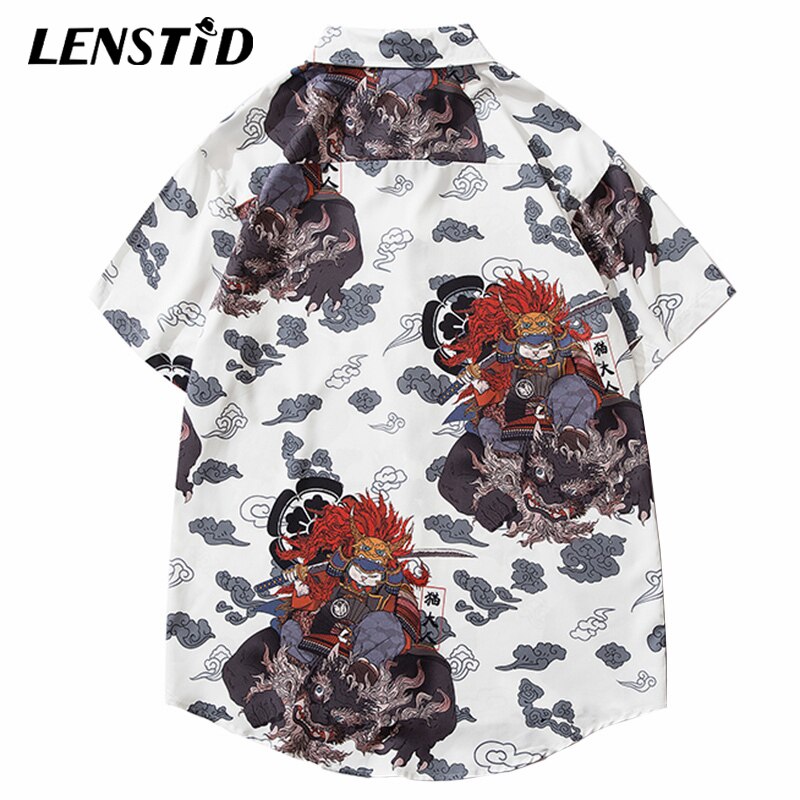 LENSTID Men Hip Hop Cat Samuri Printed Hawaiian Shirt Harajuku Streetwear Beach Shirt Summer Short Sleeve Thin Aloha Shirts