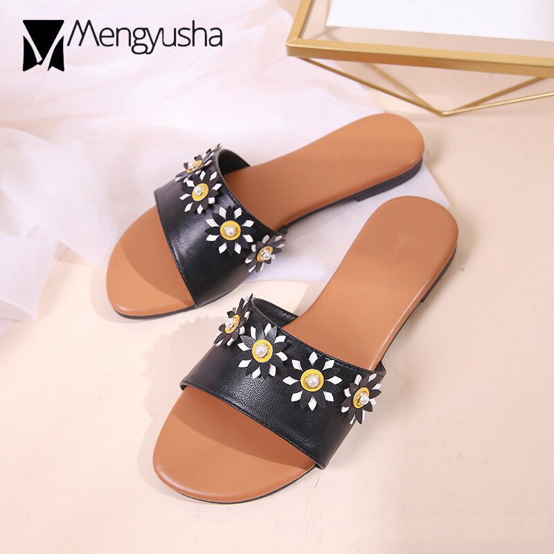 Parel Platte Sandalen Zon Bloem Kralen Slippers Vrouwen Open Teen Lederen Band Flip Flops Antislip Klinknagels Strand Sandalias mujer
