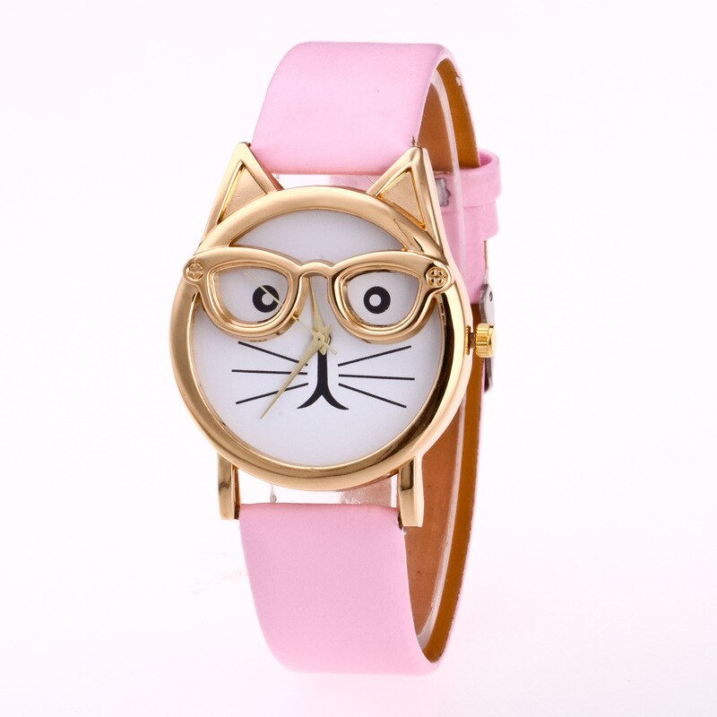 Hello kitty tegneserie sød kat bære briller børn se børn leopard ur fødselsdag studerende dreng pige farverigt ur: Lyserød