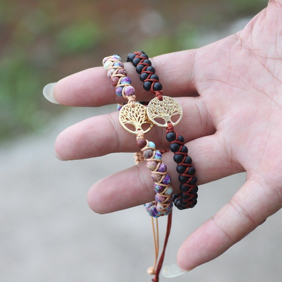Árvore de pedra natural da vida yoga chakras contas frisado pulseiras corda de couro artesanal tecido wrap pedra ajustável casal pulseira