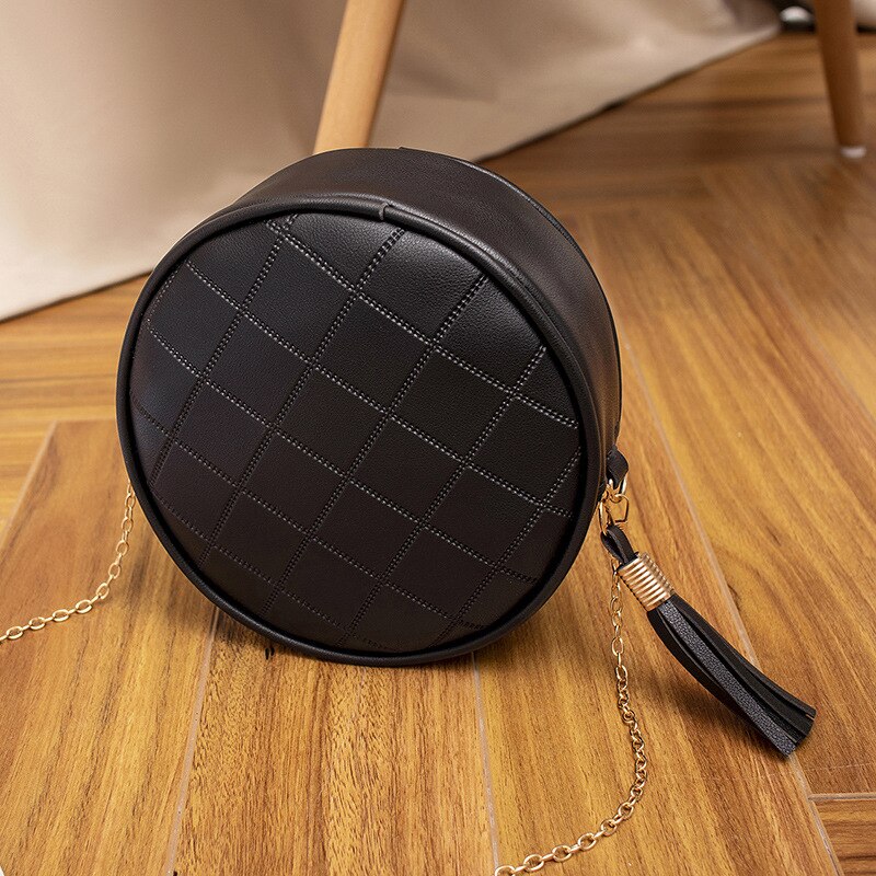 Women Round Bags Solid Color Plaid Shoulder Handbags Women Small Round Tassel Crossbody Bags for Women Purses Clutches