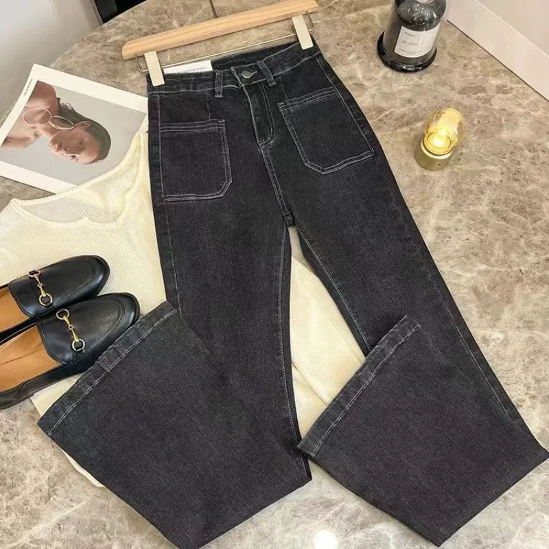 ZMZBCH Pantalones de cintura alta, pantalones vaqueros holgados lavados con bolsillos, pantalones vaqueros ajustados acampanados clásicos para mujer, Pantalones rectos elásticos Vintage que combinan con todo