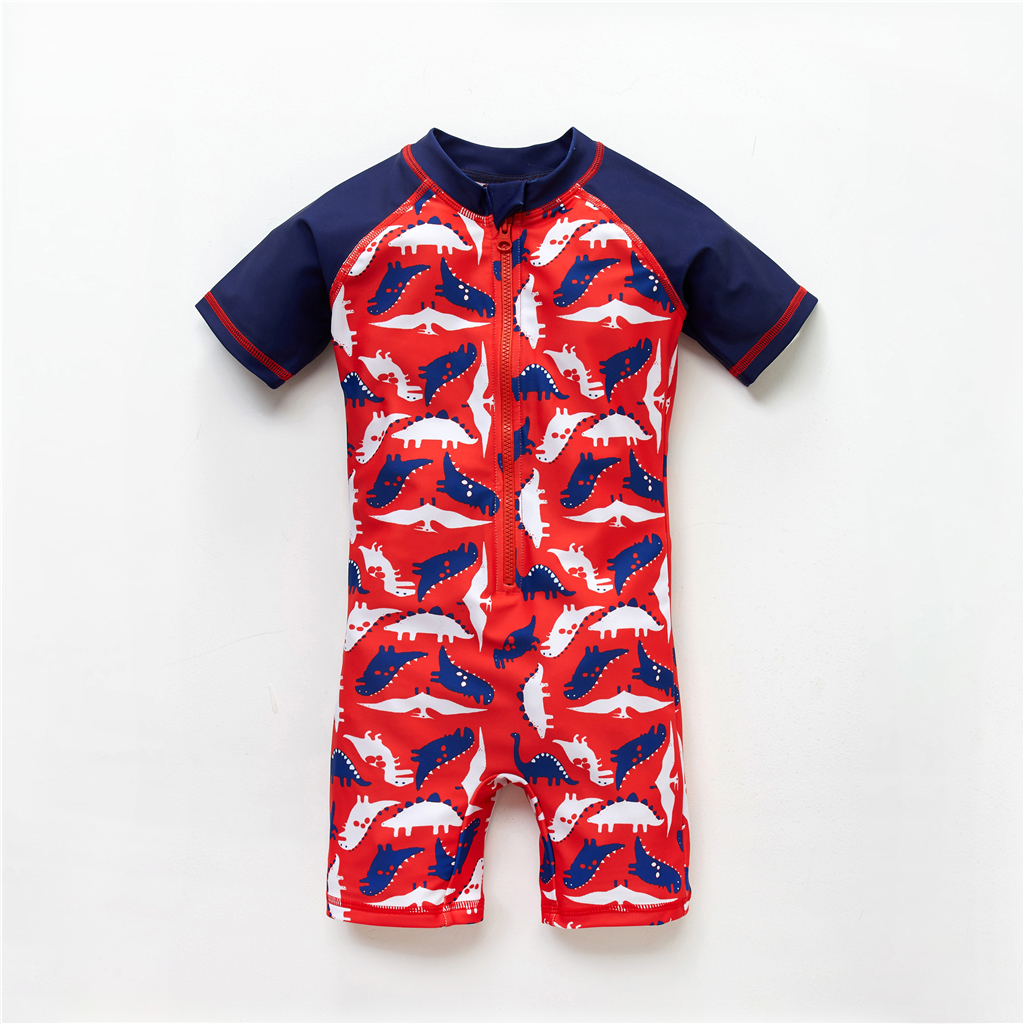 Kavkas Kids Boy Swimming Suit One Piece Dinosaur Print Baby Boys Swimwear Beach Suit Short Sleeve Child Bathing: 7T