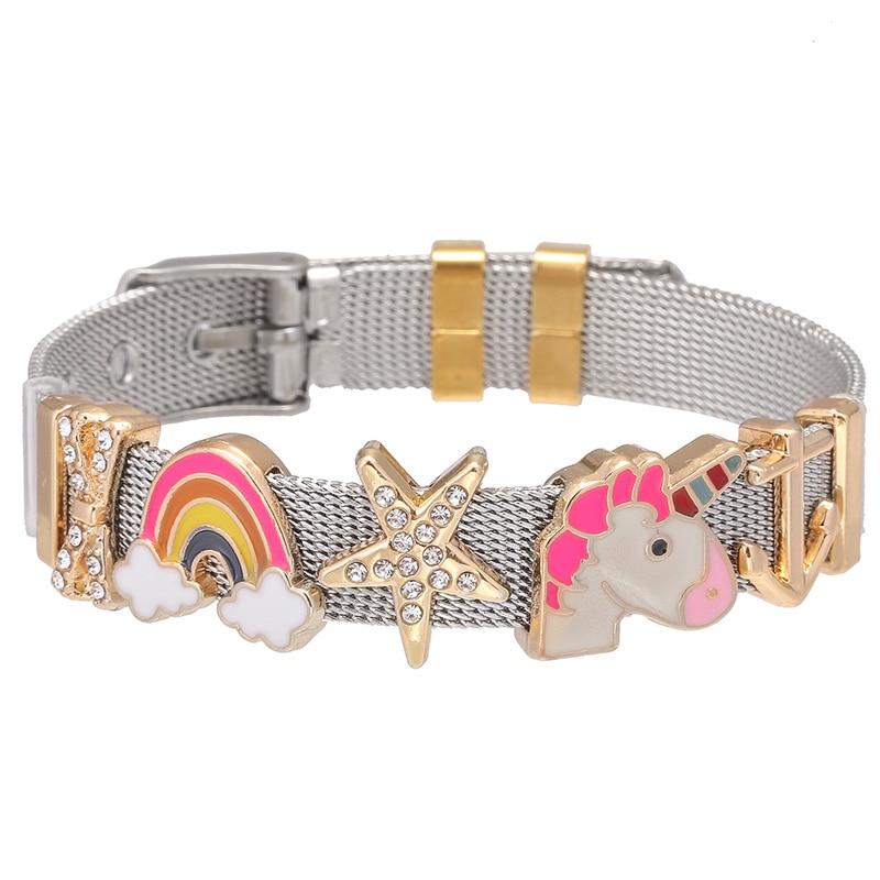 de joyería de acero inoxidable Keeper Mesh Bracelet Set con corazón Arco Iris unicornio finos dijes pulseras como para mujer