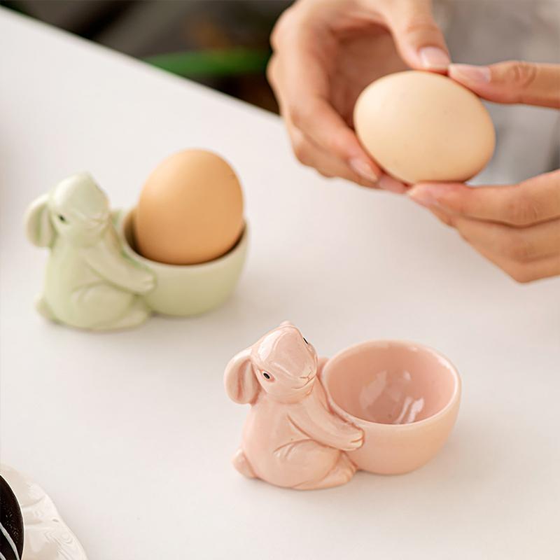Tasse à œufs en forme de lapin en céramique, support d'œuf en forme de lapin mignon, ornements de table, porte-œufs durs, conteneur d'outils pour œufs