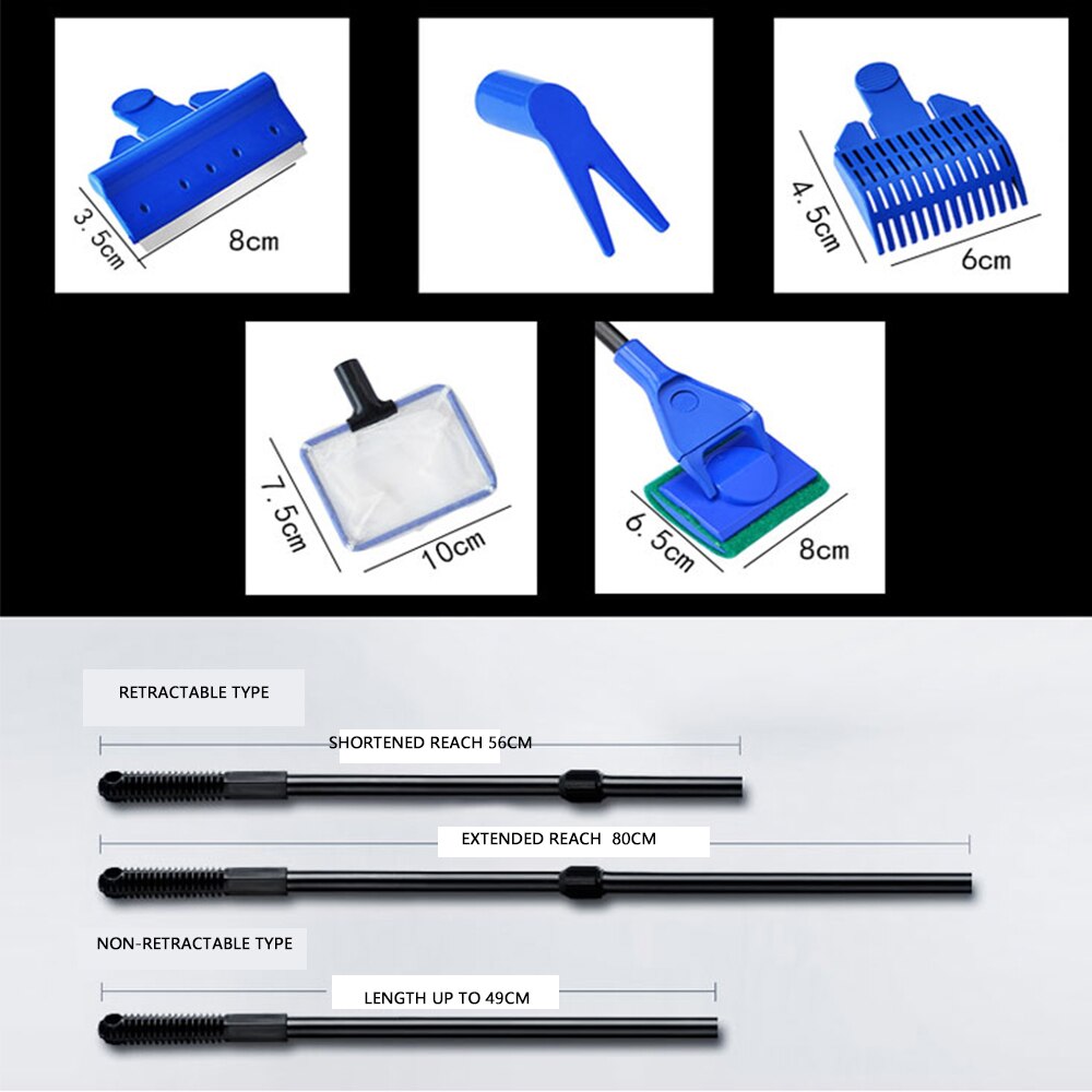 Durable 5 in 1 Aquarium Tank Cleaning Tools Set Fish Net Gravel Rake Algae Scraper Fork Sponge Brush Curve for Glass Window