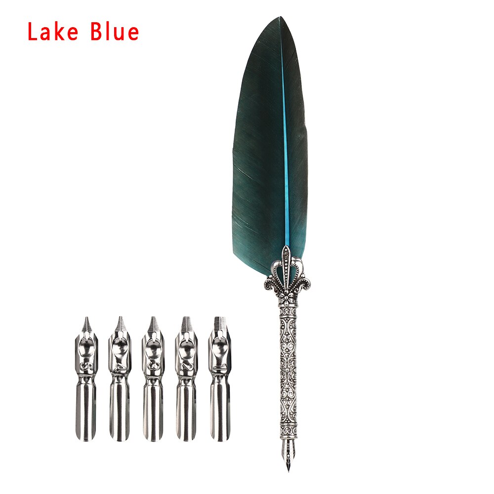 1Set Feder Dip Brunnen Stift Chancery Quill Türkei Schrägen Stifte + 5 stücke Nib Geschnitzte Metall für Phantasie Kalligraphie vintage Stift: Himmel Blau