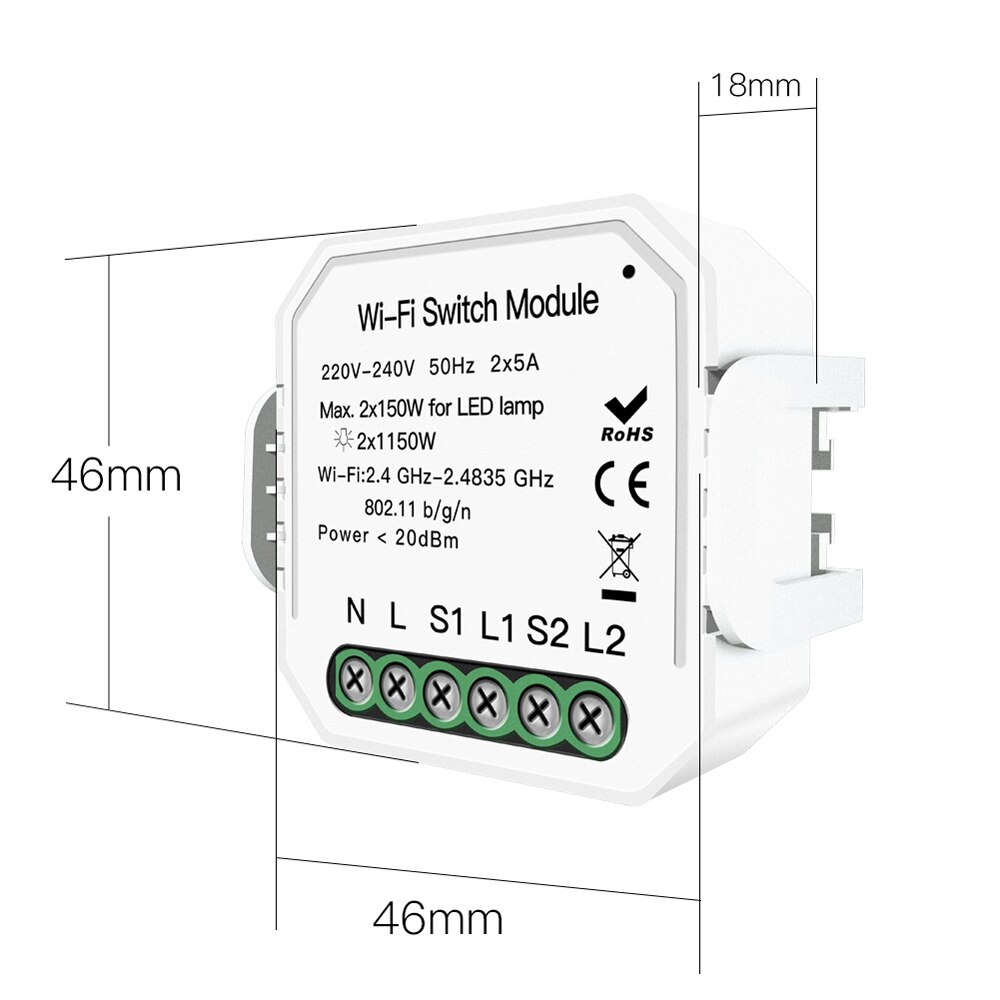 KKMOON 220-240V WIFI Intelligente Licht Schalter DIY Unterbrecher Modul APP Fernbedienung 2 Gang 2 Weg 2 * 5A