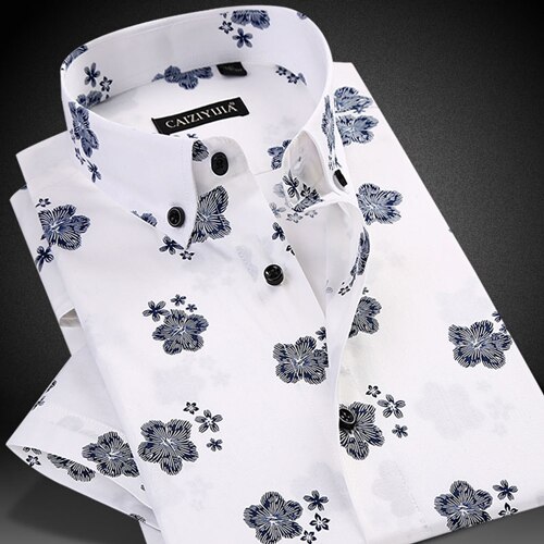 Men's Summer Thin Short Sleeve Floral Printed Shirts Comfortable Button-down Collar Standard-fit Casual Blouse Tops Shirt: White / 44