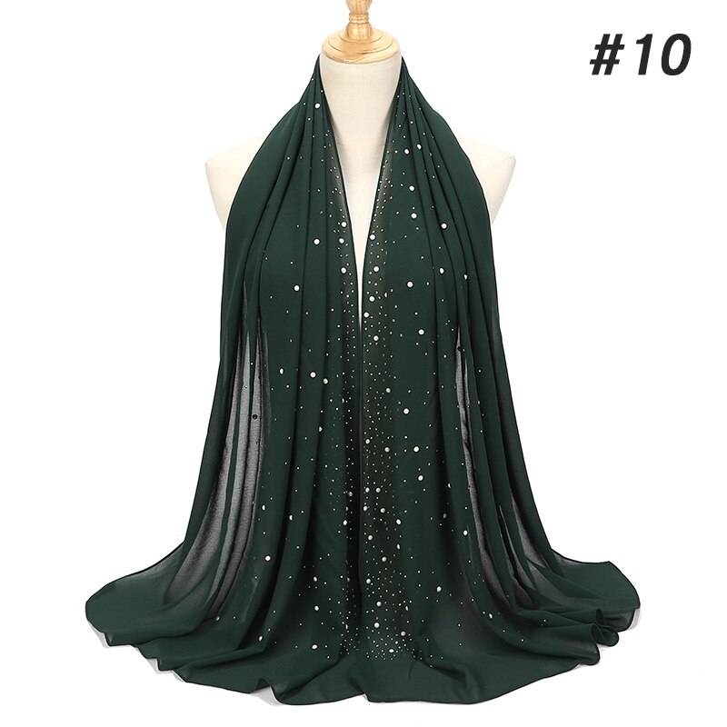 1 Pc Vrouwen Bellen Chiffon Sjaal Met Diamant Studs Parels Sjaal Vlakte Hijab Sjaals Wraps Effen Kleur Moslim hijab Sjaal: color10
