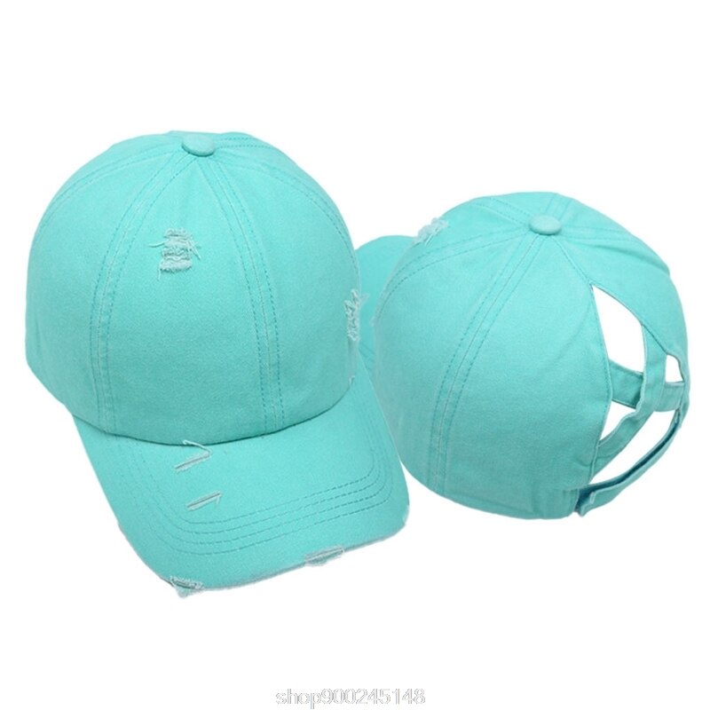 Femmes lavé casquette de Baseball crème solaire en détresse déchiré Criss croix haute queue de cheval réglable chapeau de relance N12 20 directe: Lac bleu
