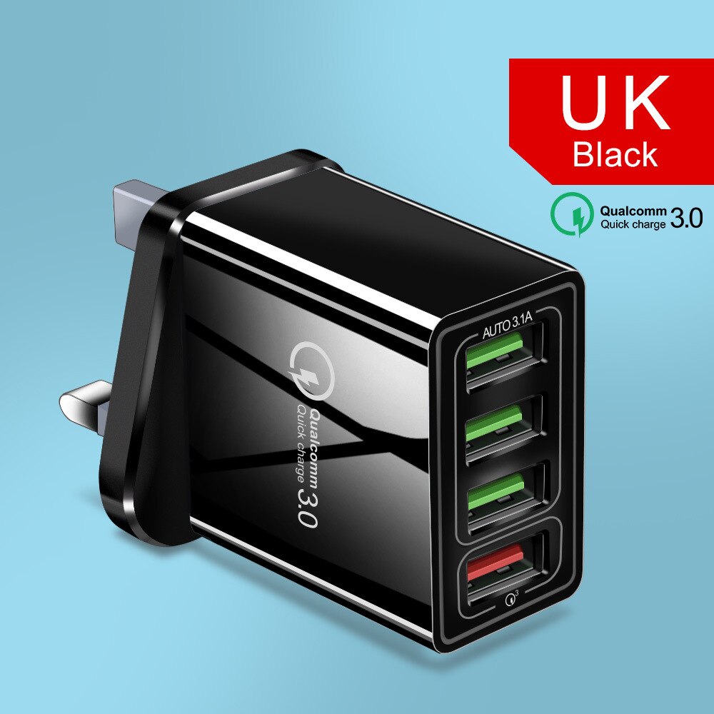 Qc3.0 travel fast charger 4usb multi-port universal charging head for European and American mobile phones: British Regulatory Black