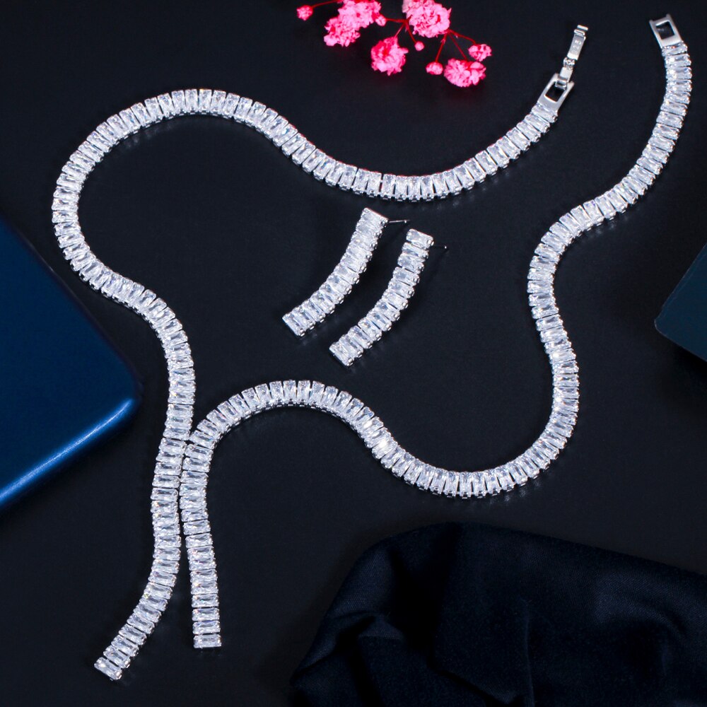 Threegraces Romantische Glanzend Witte Zirconia Vierkante Dangle Oorbellen En Ketting Bruids Bruiloft Sieraden Set Voor Bruiden TZ606: White