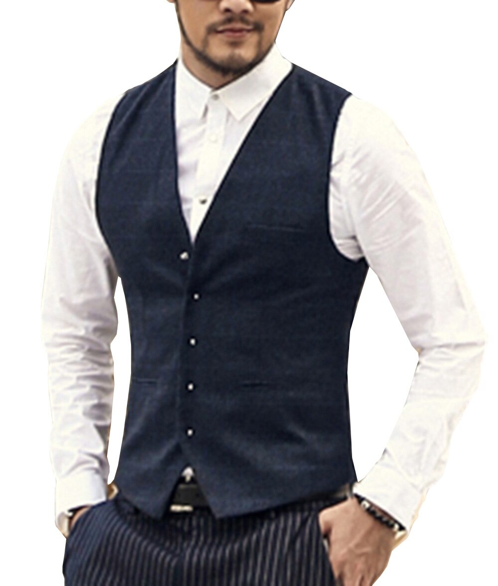Herre jakkesæt vest plaid hals uld brun enkeltradet slim fit casual formel business groomman vest til bryllup bedste mand