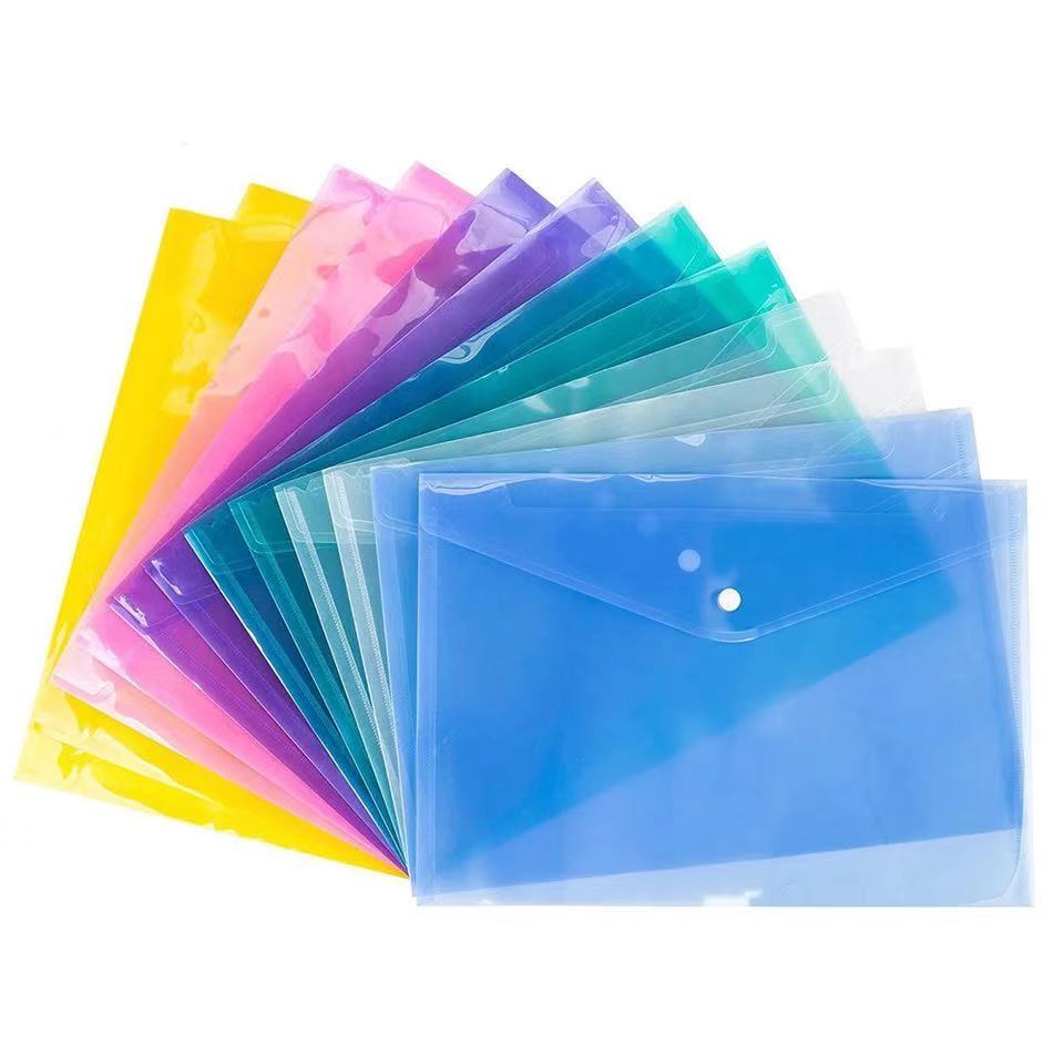6Pieces/Set Colourful A4 Size Plastic Envelope Transparent Button PP File Bag Test Paper File Bag