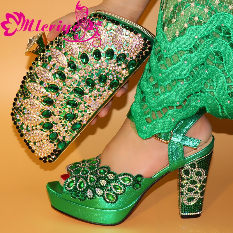 Italian Shoes With Matching Bags Set African Women's Party Shoes and Bag Sets green Color Women High Sandals And Handbag