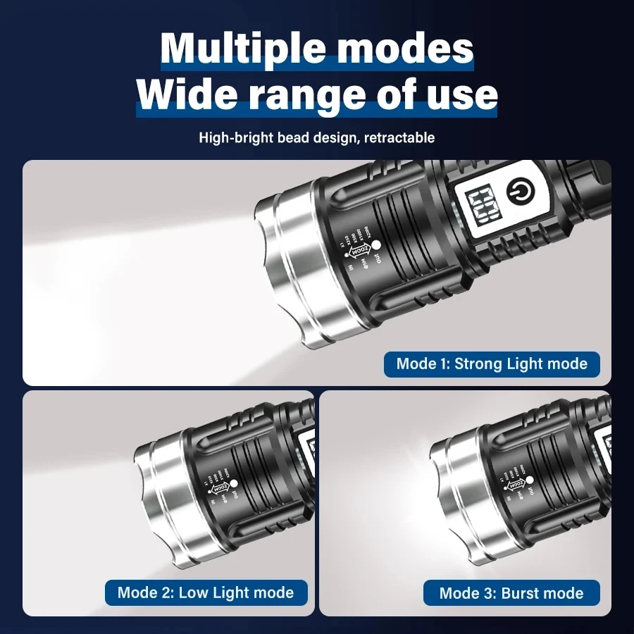 Super Bright LED Flashlight USB Rechargeable Torch Telescopic Zoom Powerful Handlight for Outdoor Explore Emergency Waterproof