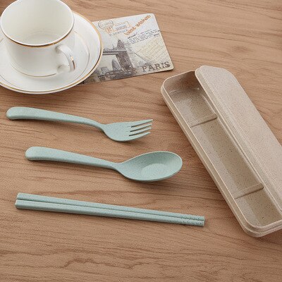 blé paille ensemble de couverts enfants baguettes fourchette trois ensembles de Portable Protection de l'environnement vaisselle ensemble: green