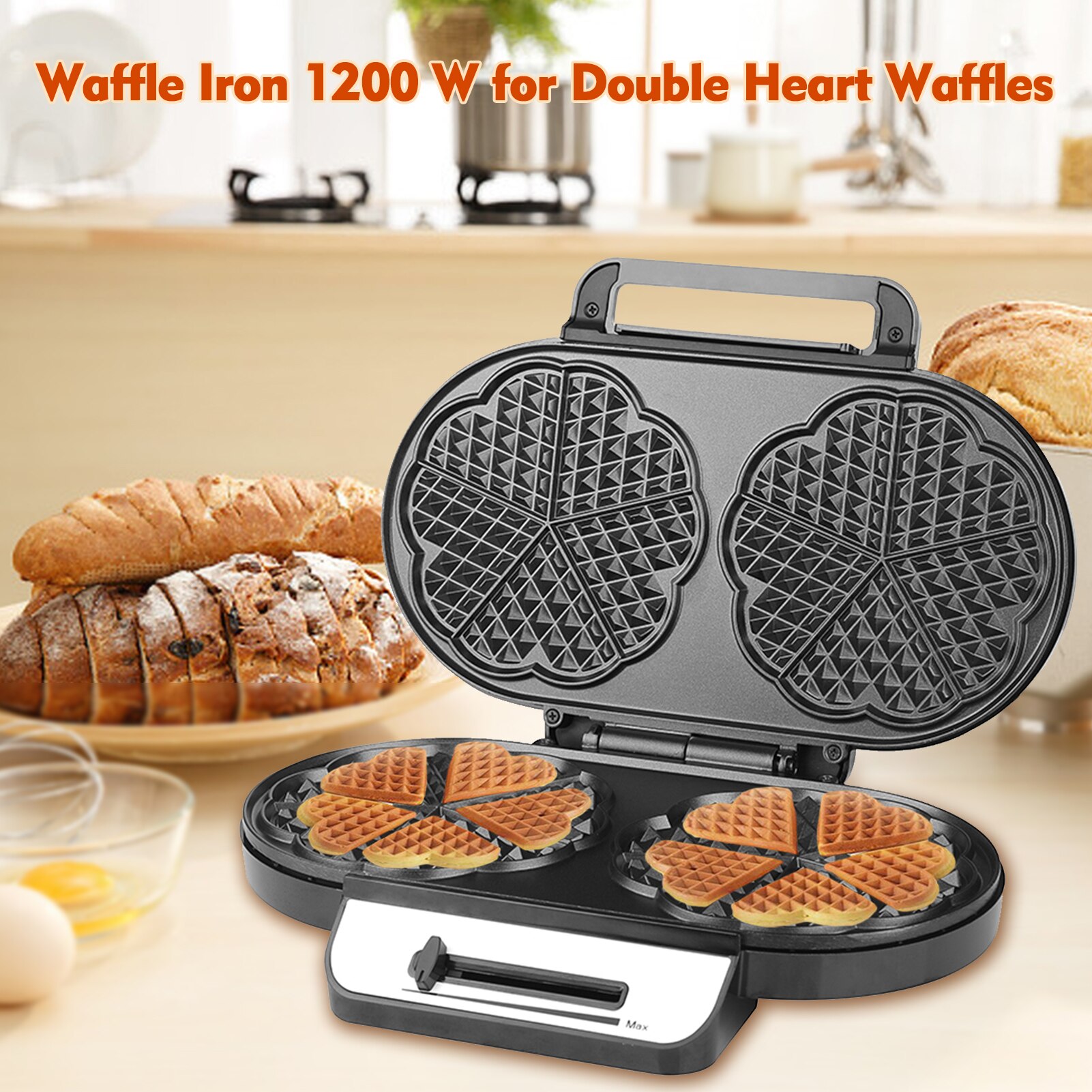 Waffle Iron 1200W for Double Heart Waffles Heart with Double Waffle Plate Continuous Temperature Control Non-Stick Coating