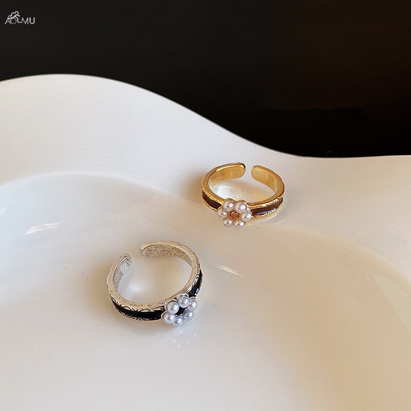 AOMU 1PC Women Vintage Drip Glaze Metal Imitation Pearl Flower Open Rings for Women Party Wedding Jewelry