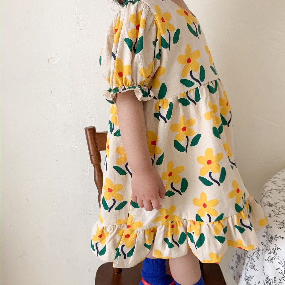 Abiti da bambina a maniche corte in cotone con stampa floreale carina per bambina 2-6Y