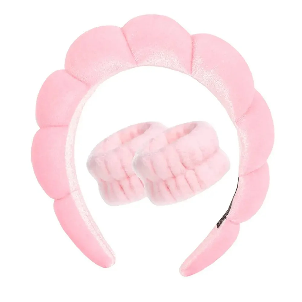Spa Headband for Washing Face Wristband Set Sponge Makeup Skincare Headband Wrist Towels Bubble Soft Get Ready Hairband for Wome: Pink