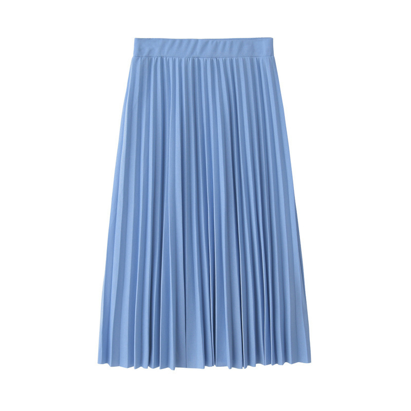 Spring and Autumn Women's High Waist Pleated Solid Color Half Length Elastic Skirt Promotions Lady Black Pink: SKY BLUE