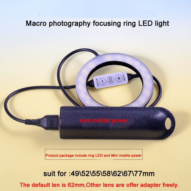 Macro Fotografie 62Mm Ring Led Licht Camera 58Mm Zoom Scherpstellen Lamp Dslr 77Mm Cirkel Flash Vullen Lichten met Mini Mobiele Power