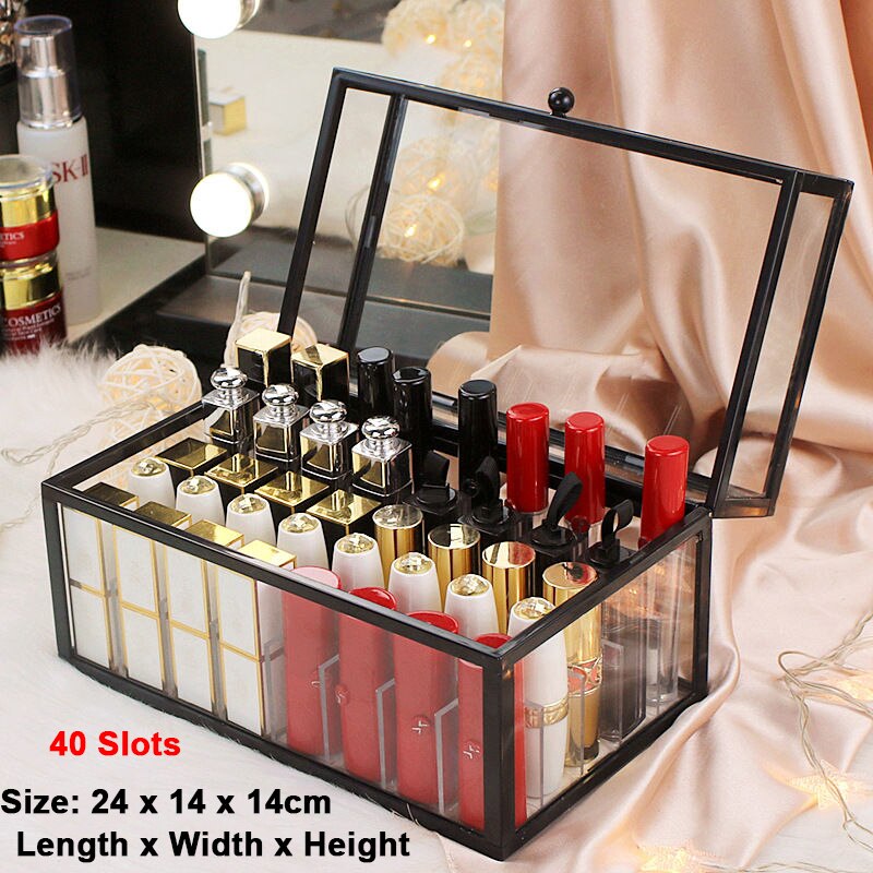 15/24/40 Slots Glass Lipstick Holder Dustproof Display Case Beauty Storage Box Luxury Makeup Organizer with Removable Dividers: Black 40 Slots