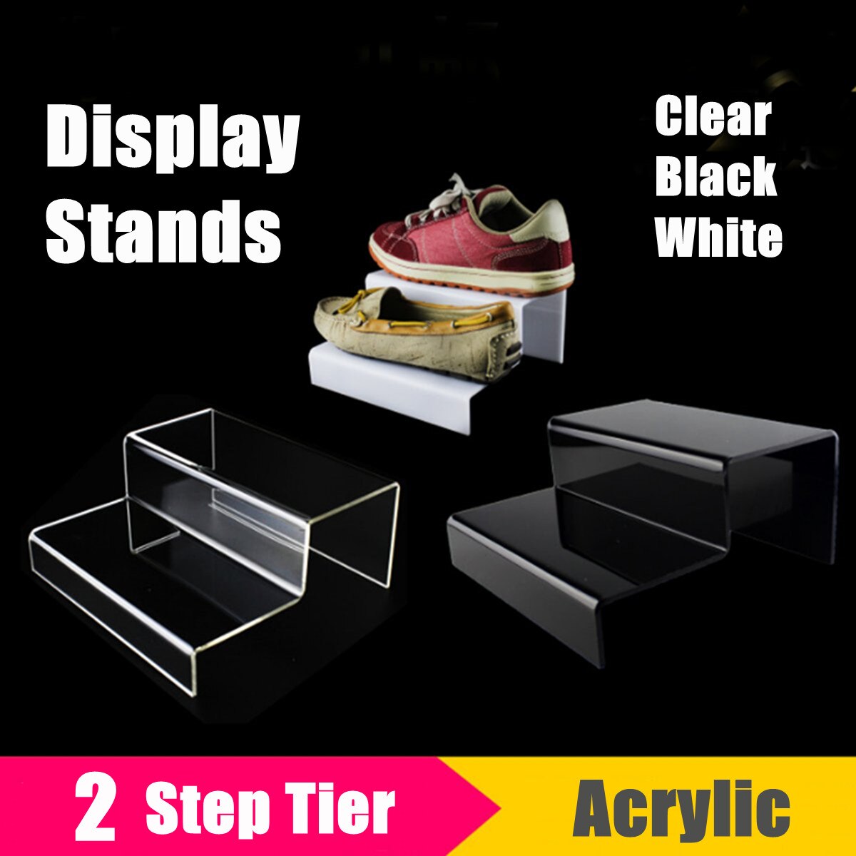 2 Step Tier Acrylic Retail Riser Counter Shoes Jewellery Display Stands Decor Jewelry Double Ladder Shelf Rack Organizers