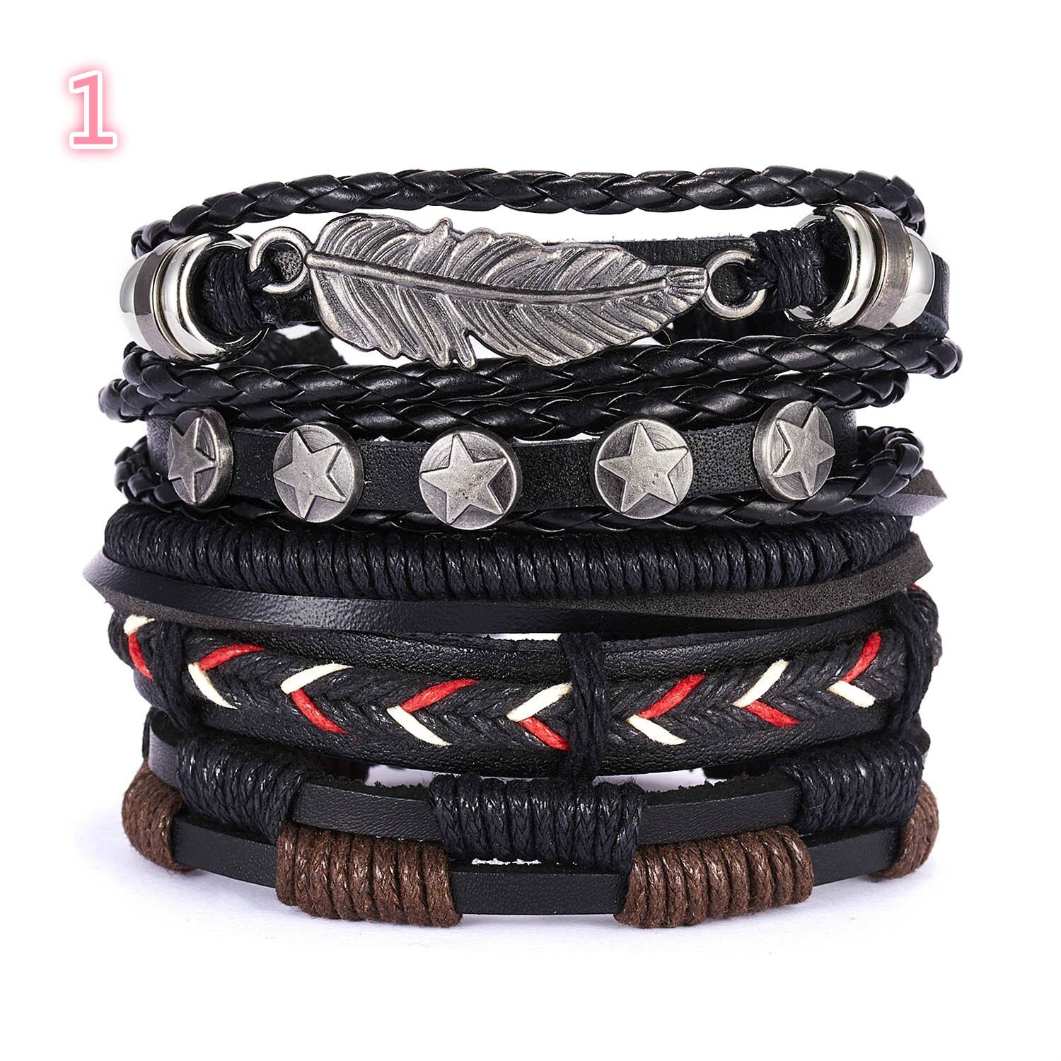 Accessoires de main rétro pour hommes, ensemble réglable en cuir tricoté croisé, Bracelet accessoires pour main, 5 pièces: 1