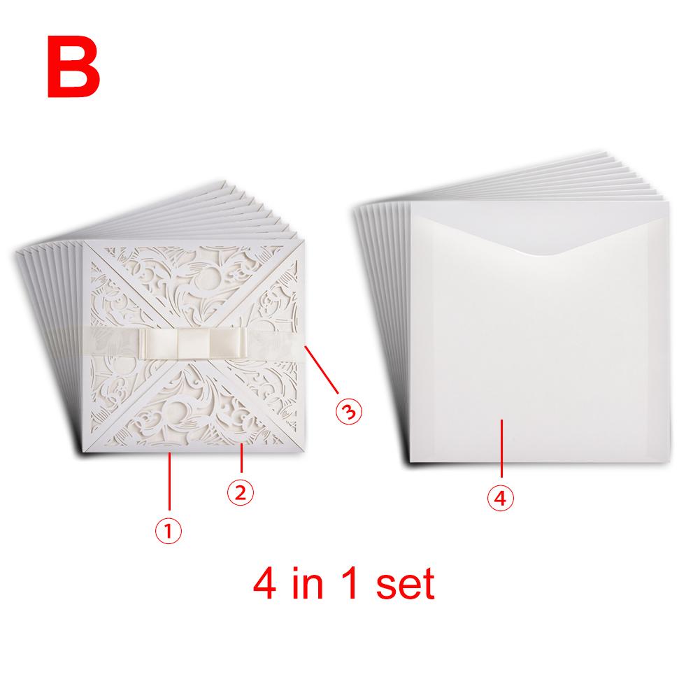 10pcs/lot European Square White Invitation Card For Wedding Delicate Carved Lace Wedding Invitation Cards With Bowknots: B