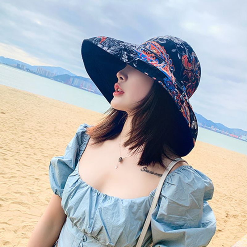 Women Boho Ethnic Floral Reversible Sun Hat Large Wide Brim UV Protection Foldable Floppy Beach Cap with Chin Strap