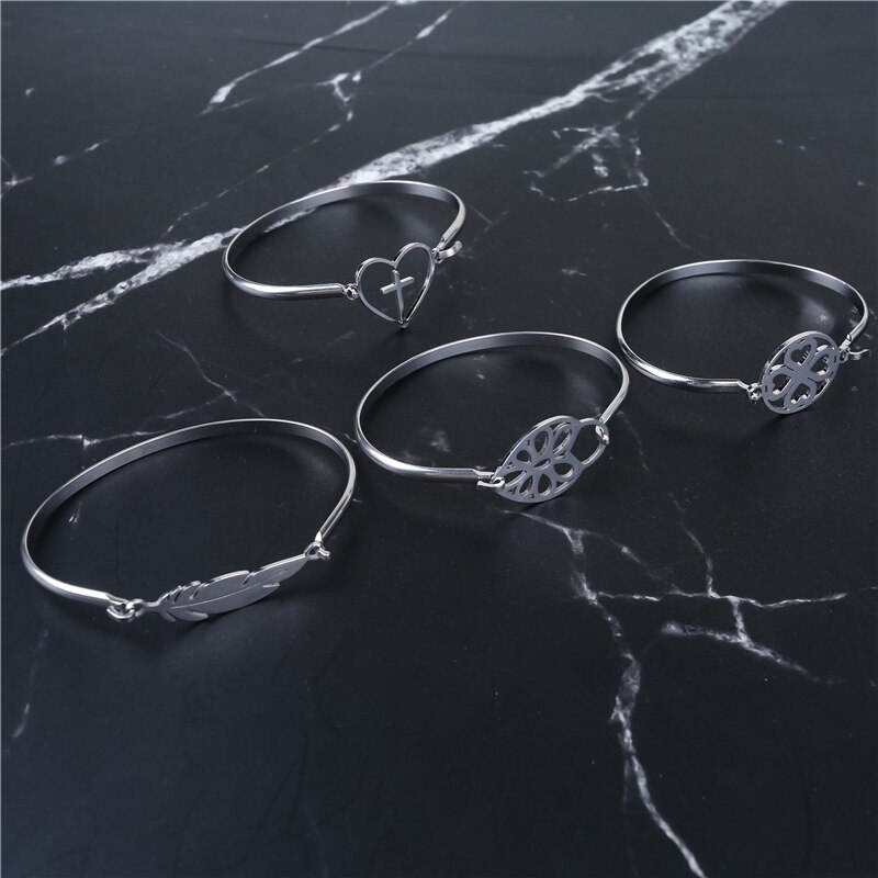 Stainless Steel 4-Styles Heart Leaf Bracelets Luxurious Jewelry For Women Silver Color Love Bangles Christmas